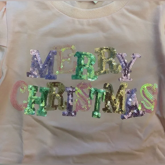 NWT Lulu Bebe Pink Merry Christmas Sequin Puff Sleeve Top, Girls Size 6